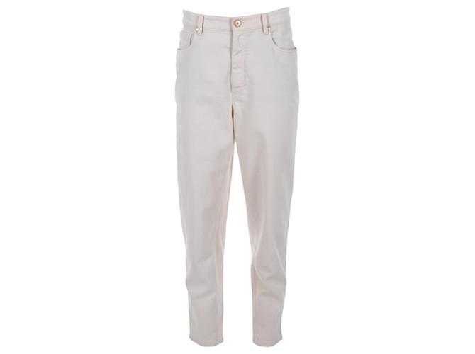 Brunello Cucinelli – Curved Jeans mit hoher Taille aus cremefarbener Baumwolle Weiß Roh  ref.1292006