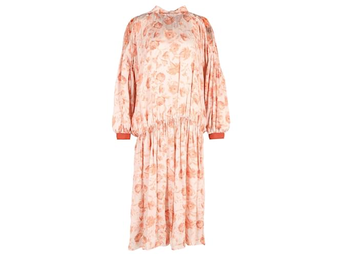 Autre Marque Mother of Pearl Cold Shoulder Midi Dress in Floral Print Silk Peach  ref.1292022