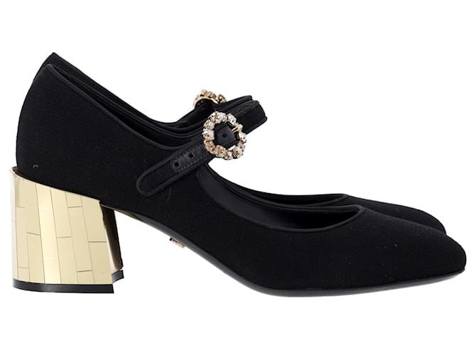 Dolce & Gabbana Gold Heel Mary Jane Pumps in Black Wool  ref.1292023