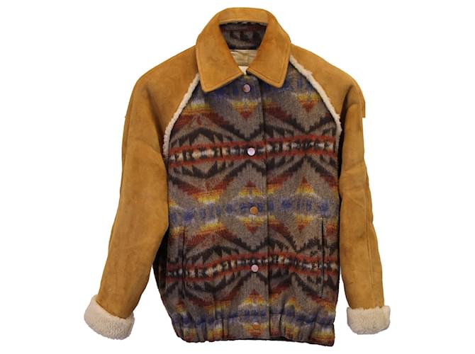 Sandro Paris Johnson Jacquard Coat in Multicolor Wool & Sheepskin Multiple colors Leather  ref.1292026