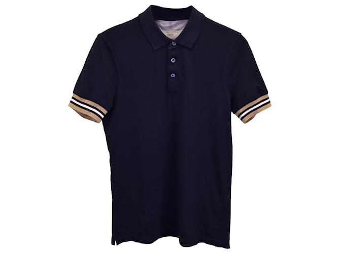 Brunello Cucinelli Striped Sleeve Hem Polo Shirt in Navy Blue Cotton  ref.1292035