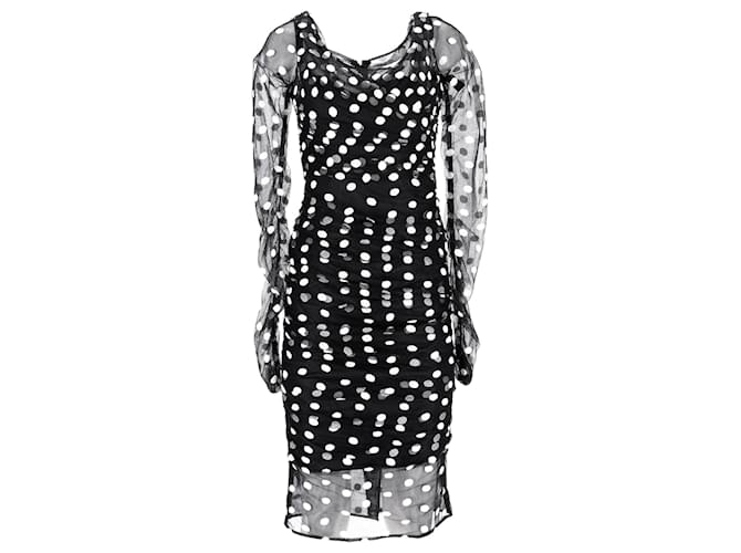 Dolce & Gabbana Ruched Sheer Sleeve Polka Dot Dress in Black Polyester  ref.1292092