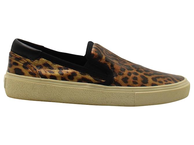 Tênis Saint Laurent Venice com estampa de leopardo em couro marrom  ref.1292182