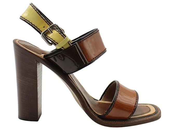 Double Prada Block-Heel Slingback Sandals in Brown Patent Leather  ref.1292184