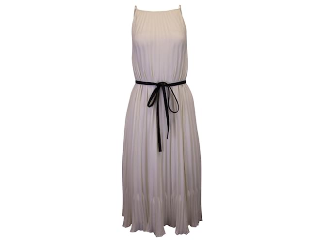 Proenza Schouler White Label Pleated Midi Dress with Leather Belt in Cream Polyester  ref.1292204