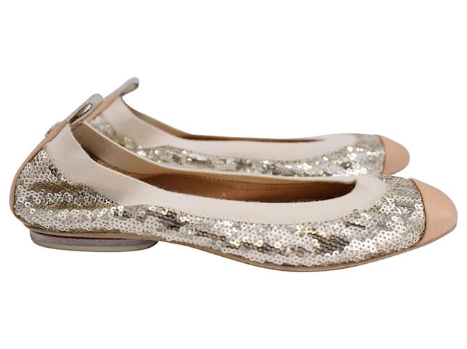 Chanel Lambskin Cap Toe Ballerina Flats in Silver Sequins Silvery  ref.1292219