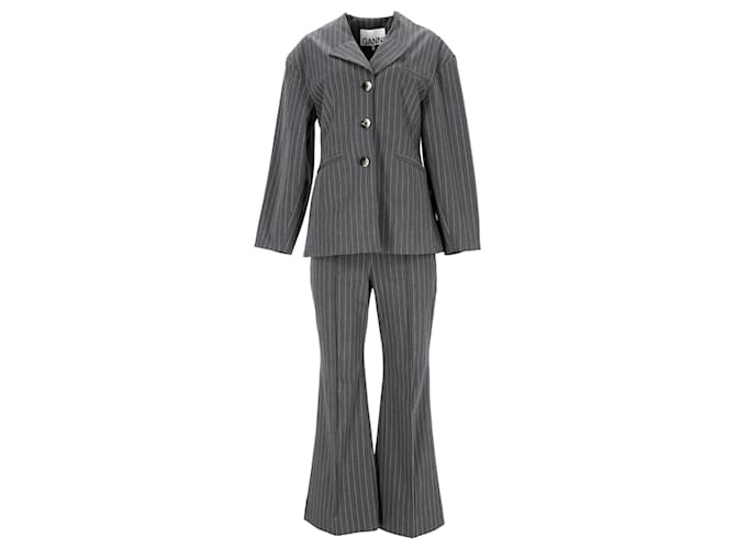Ganni Striped Boot-Cut Suit Set in Grey Polyester  ref.1292223