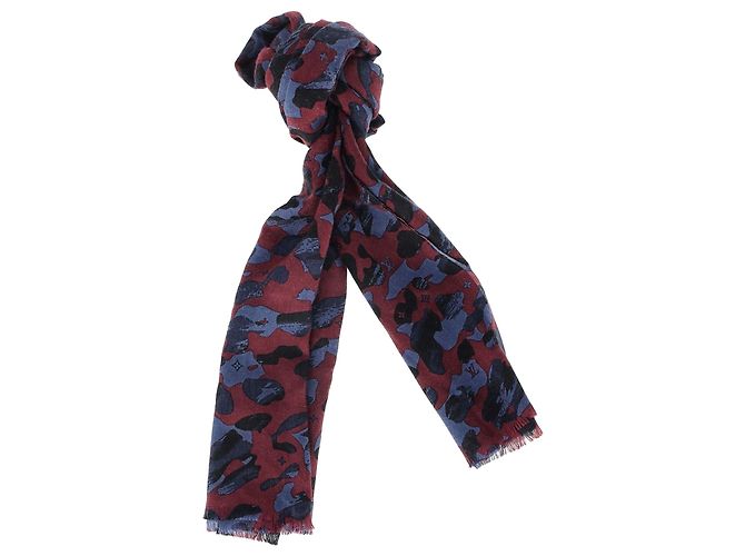 Sciarpa monogramma mimetica Louis Vuitton in bordeaux e cashmere blu Bordò