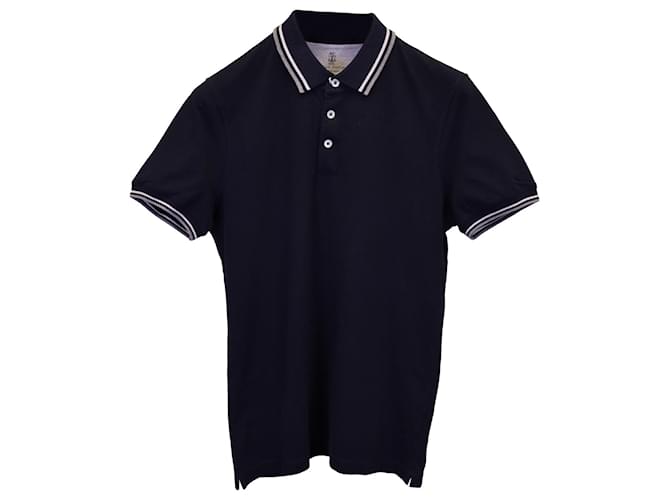 Brunello Cucinelli Striped Collar Polo Shirt in Navy Blue Cotton  ref.1292275