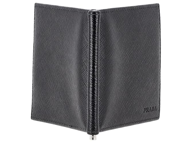 Prada Geldklammer-Geldbörse aus schwarzem Leder  ref.1292276