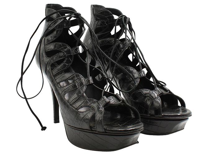 Saint Laurent Schwarze Gladiator High Heels mit Krokodilprägung