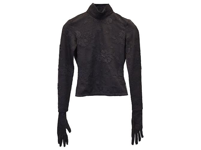 Balenciaga Top con guantes y encaje floral con cuello simulado en poliamida negra Negro Nylon  ref.1292319