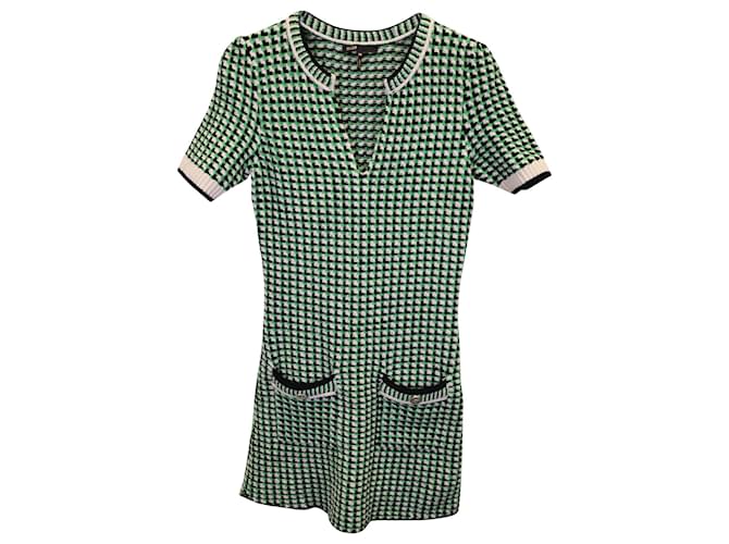Maje Roxanne Houndstooth Jumper Dress In Green Cotton  ref.1292330