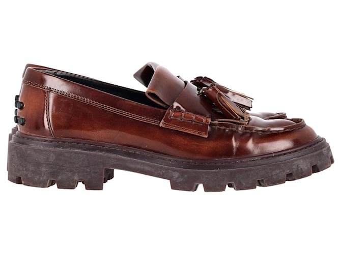 Tod's Joey Chunky Sole Tassel Loafers in Brown Leather  ref.1292373