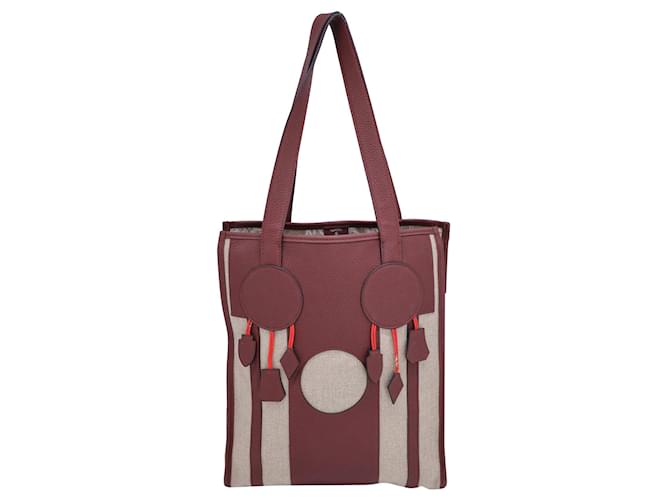 Hermès Hermes Petit H Dream Catcher Tote Bag in Red Leather and Beige Canvas Brown  ref.1292381