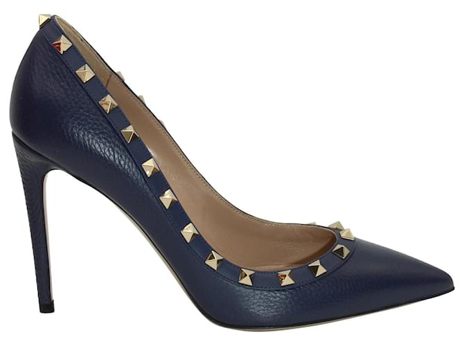 Valentino Garavani Sapatos Rockstud de bico fino em couro azul marinho  ref.1292390
