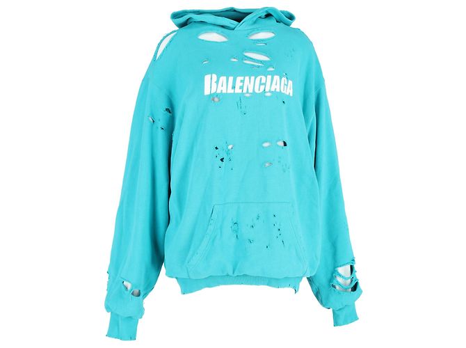 Balenciaga moletom com capuz destruído em camada forrada em algodão turquesa