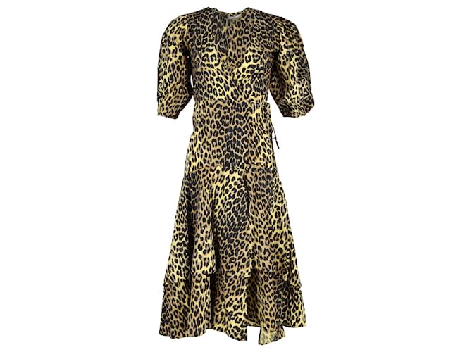 Vestido envolvente com estampa de leopardo Ganni Bijou em algodão amarelo  ref.1292430