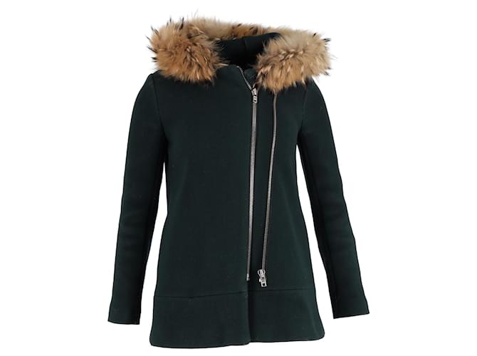 Sandro Fur-Collar Pea Coat in Dark Green Wool  ref.1292442