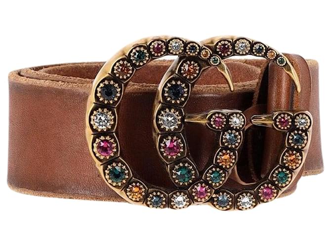 Gucci Crystal-Embellished GG Belt in Brown Leather  ref.1292444