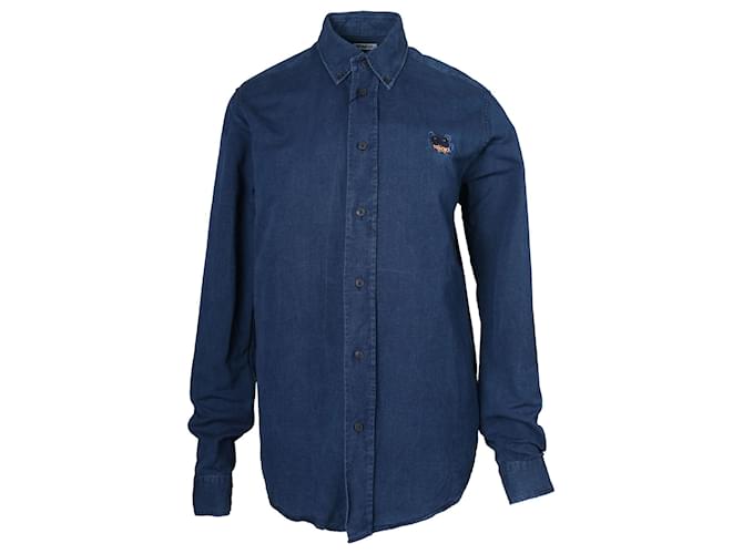 Kenzo Button Front Long Sleeve Shirt in Blue Cotton Denim  ref.1292450