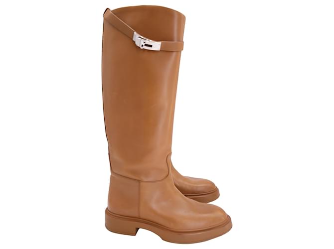 Kelly Hermès Variation Riding Boots in Brown Calfskin Leather Beige Pony-style calfskin  ref.1292461