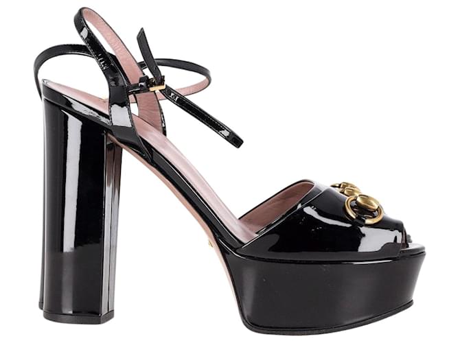 Gucci Claudie Horsebit Platform Sandals in Black Patent Leather   ref.1292463