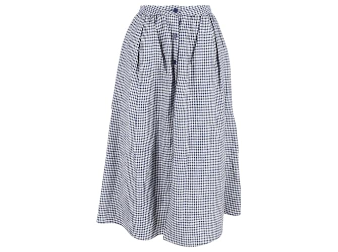 Reformation Gingham Midi Skirt in Navy Blue Linen  ref.1292513