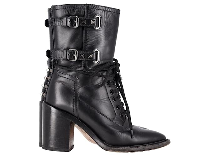 Valentino Garavani Rockstud Double-Buckle Heeled Boots in Black Leather  ref.1292517