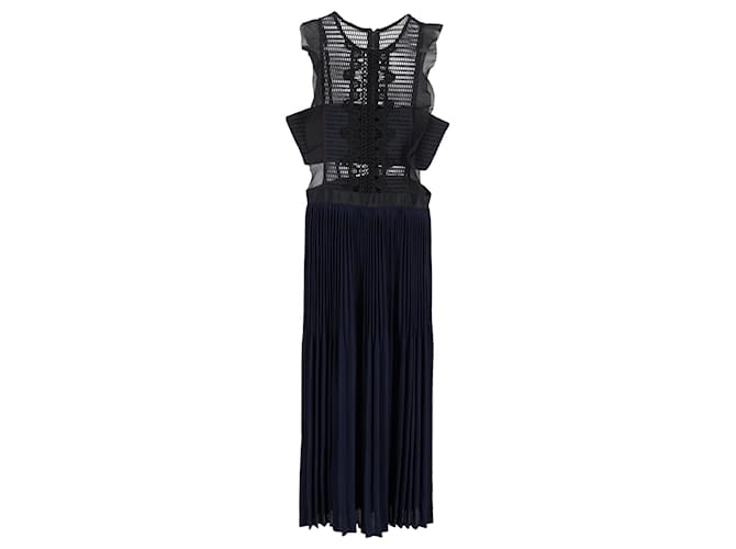 Self portrait Self-Portrait Sleeveless Pleated Lace Dress in Navy Blue Polyester  ref.1292553