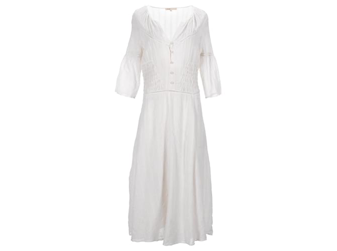 Maje Ringo Smocked Midi Dress in Ecru Viscose White Cream Cellulose fibre  ref.1292566