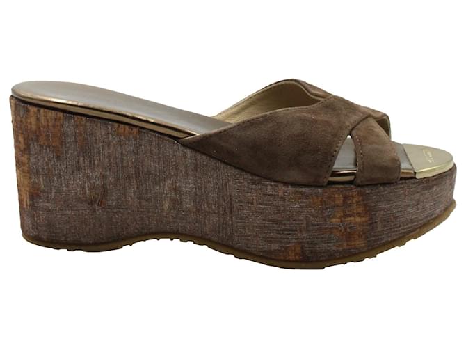 Jimmy Choo Cork Wedge Platform Sandals in Brown Suede  Metallic Bronze Leather  ref.1292631