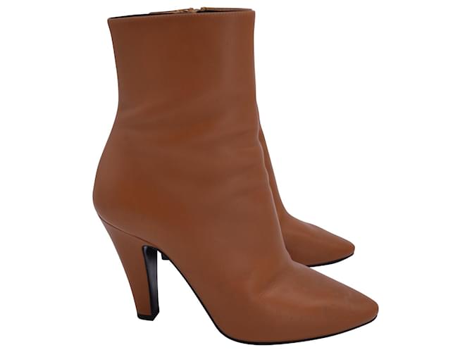 Yves Saint Laurent Saint Laurent Almond-Toe Ankle Boots in Tan Calfskin Leather Brown Beige Pony-style calfskin  ref.1292636