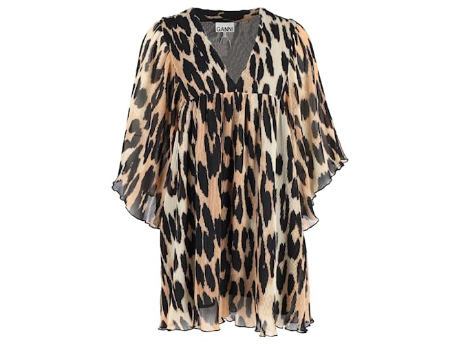 Ganni Mini-robe oversizee plissée à imprimé léopard en polyester marron  ref.1292641
