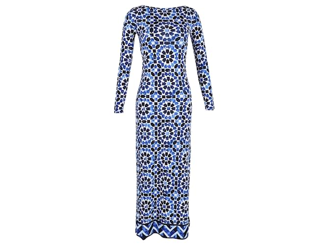 Michael Kors Printed Stretch Maxi Dress with Slit in Blue Polyester  ref.1292657