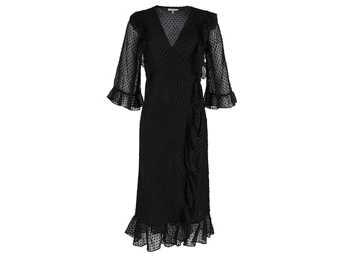 Ganni Wickelkleid mit Polka-Dot-Rüschen aus schwarzem Polyamid Nylon  ref.1292672