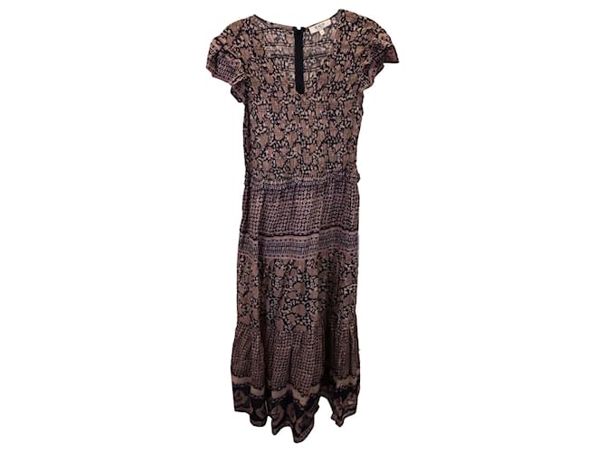 Sea New York Ruched V-Neck Midi Dress in Brown Silk  ref.1292683