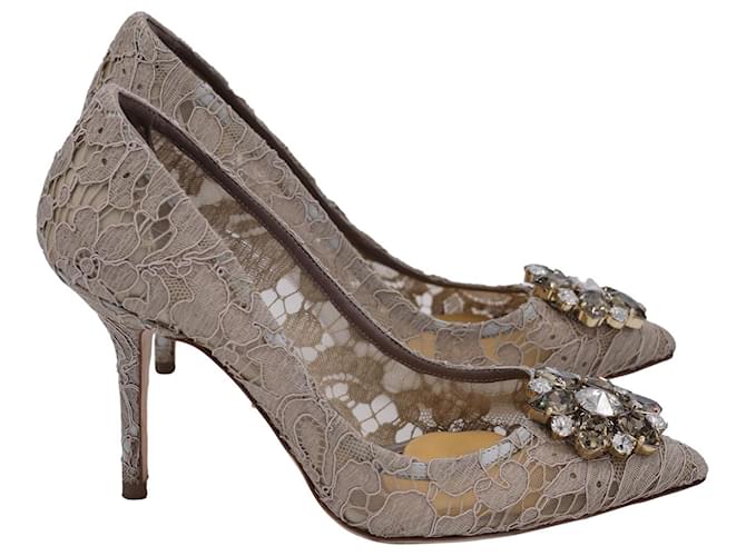 Dolce & Gabbana Zapatos de tacón con punta en punta y adornos de cristales en encaje y malla beige Lienzo  ref.1292688