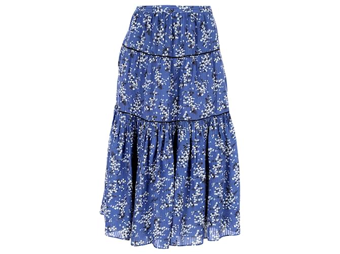Ulla Johnson Auveline Tiered Floral-Print Midi Skirt in Navy Blue Cotton  ref.1292711