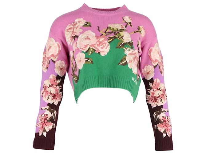 Valentino Garavani Valentino Flower Collage Cropped Sweater in Multicolor Wool  ref.1292724