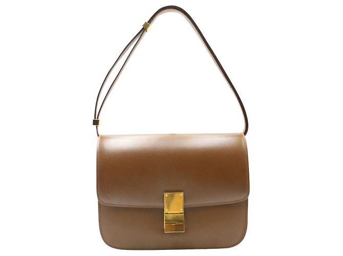 Céline Bolsa Celine Medium Box em couro de bezerro marrom Bege