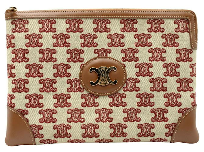 Céline Celine Triomphe Small Zip Pouch in White and Red Canvas Cloth  ref.1292773