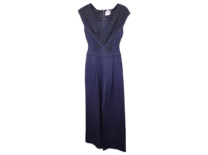 Macacão Herve Leger listrado com decote em V em rayon azul marinho