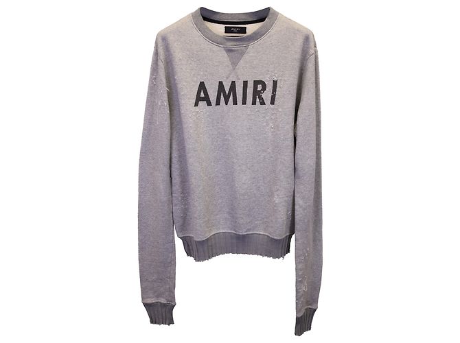 Amiri Distressed Logo Sweater aus grauer Baumwolle