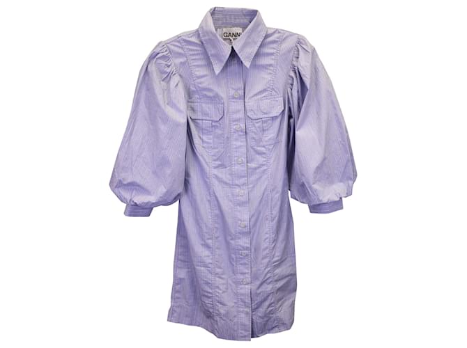 Ganni Mini-robe chemise rayée à manches bouffantes en coton bleu clair  ref.1292796