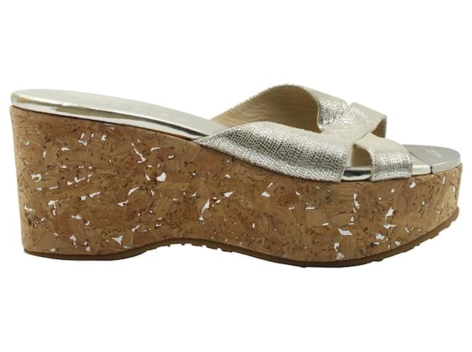 Jimmy Choo Prima Plateau-Sandalen mit Keilabsatz aus Kork in silbernem Leder Metallisch  ref.1292821