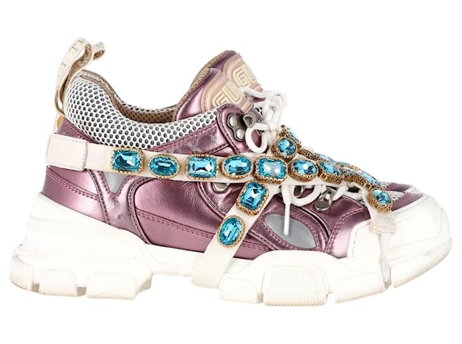 Scarpe da ginnastica Gucci x SEGA Flashtrek con/ Cristalli removibili in pelle rosa metallizzata  ref.1292847