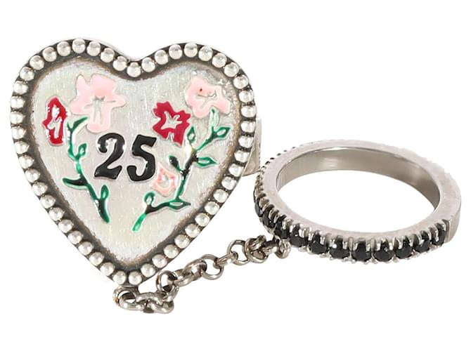 Gucci Bosco & Orso Heart Chain Cocktail Ring With Spinel in Sterling Silver Silvery Metallic Metal  ref.1293262