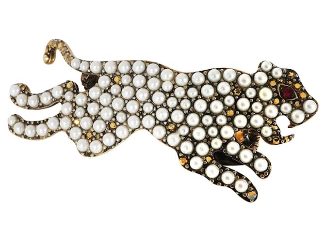 Gucci Faux Pearl & Strass Double Finger  Panther Cocktail Ring Metallic  ref.1293273