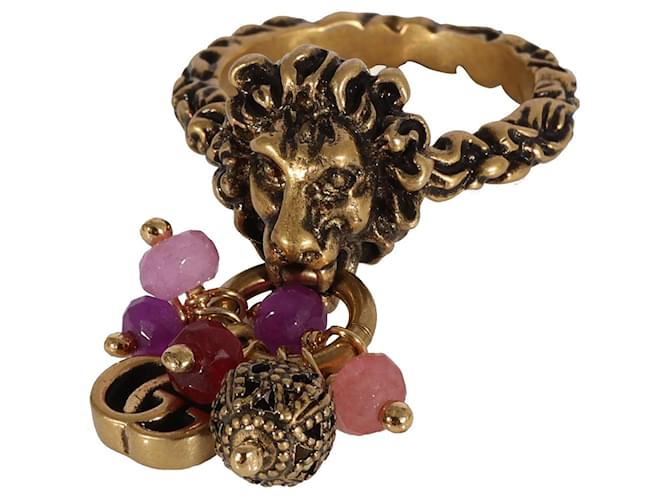 Gucci Brass Tone Lion Head & Beaded Charm Ring with Marmot GG Metallic  ref.1293278